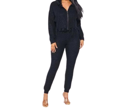 Black 2pc Sweater Zip Front Jogger Set