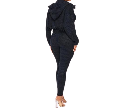 Black 2pc Sweater Zip Front Jogger Set